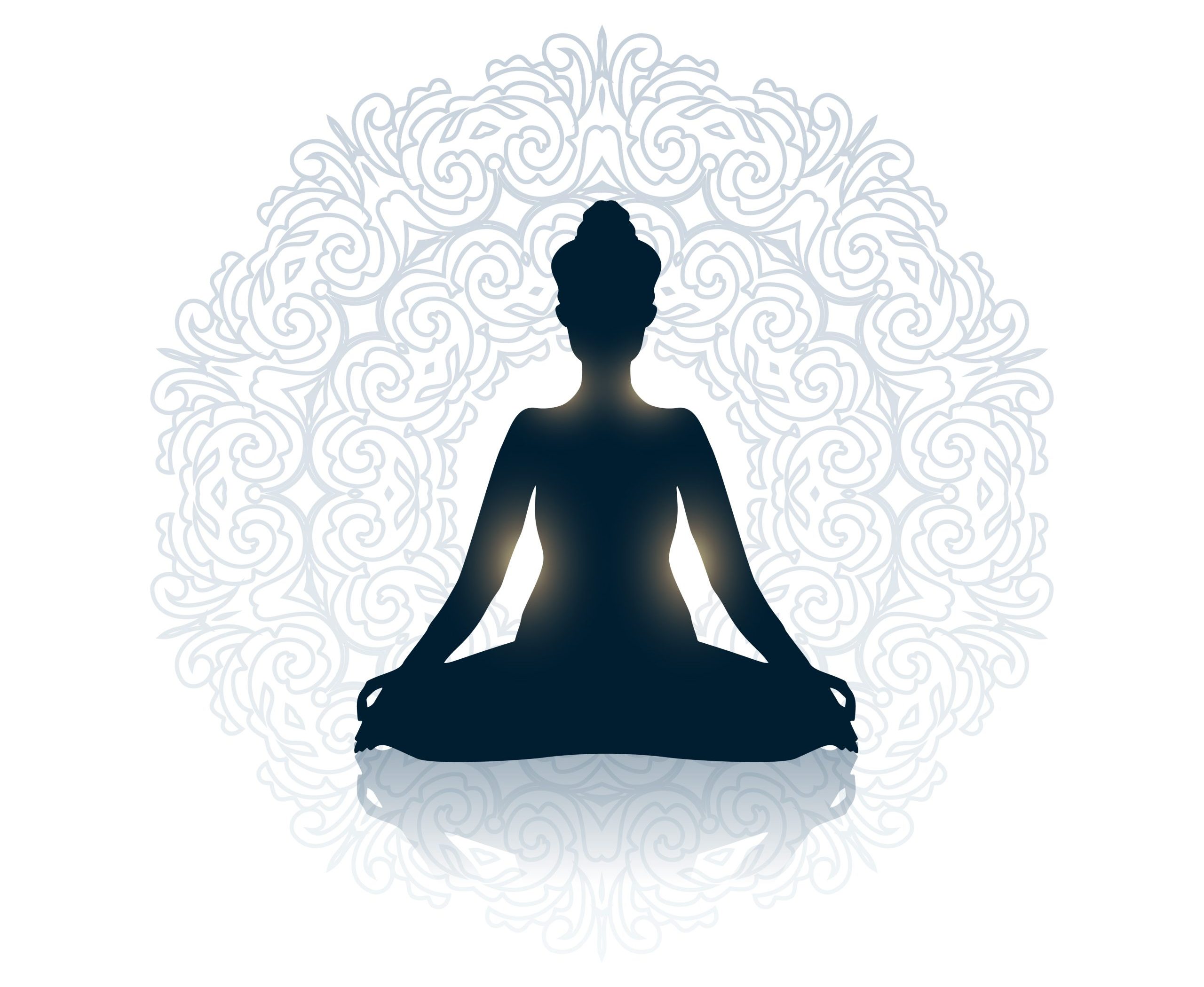 female doing yoga meditation mandala background